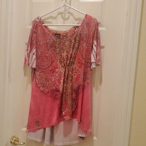 Simply Emma Pink Asymmetrical Graphic Blouse